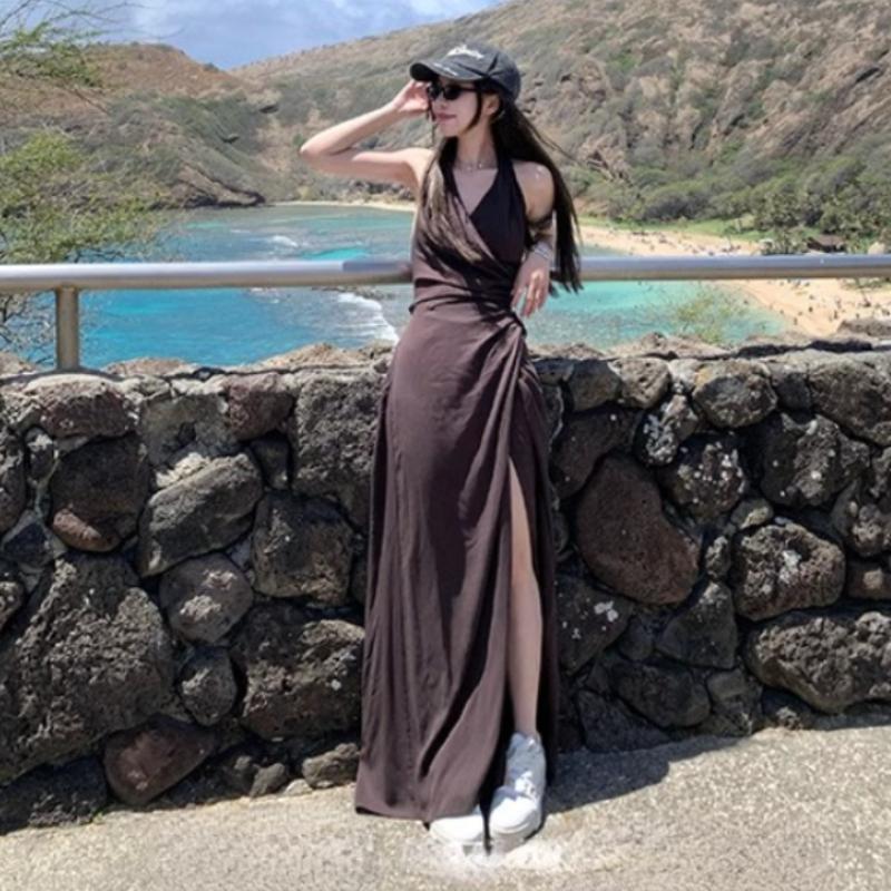 

Французское винтажное платье миди с v-образным вырезом, женская повседневная одежда в пляжном стиле, летнее элегантное цельное платье в стиле ретро, ​​корейское модное шикарное платье XL кофейный