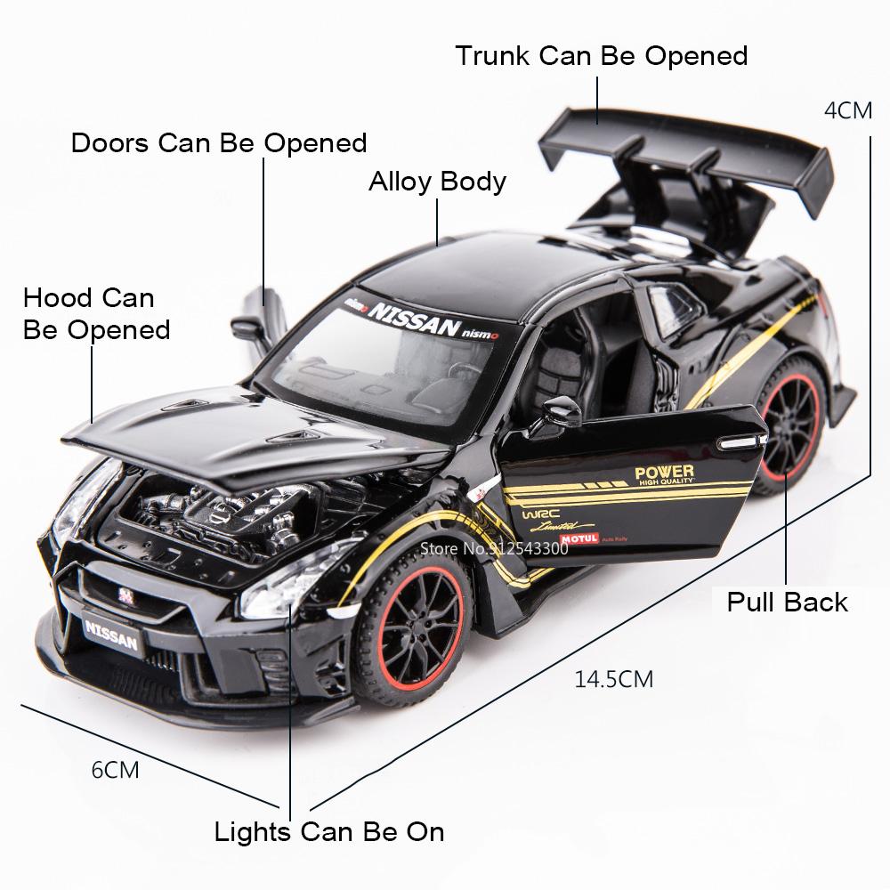 1:32 GTR R34 R35 Car Model Toy Doors Opened Sound Light Pull Back Metal Diecast Simulation Vehicles Models Gifts for Children