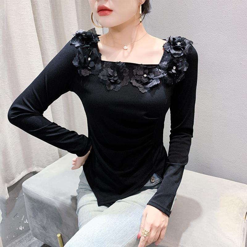 

Flower Square Collar Top for Women In Winter New Style Irregular Slit Long-sleeved T-shirt Versatile Base Shirt 3XL
