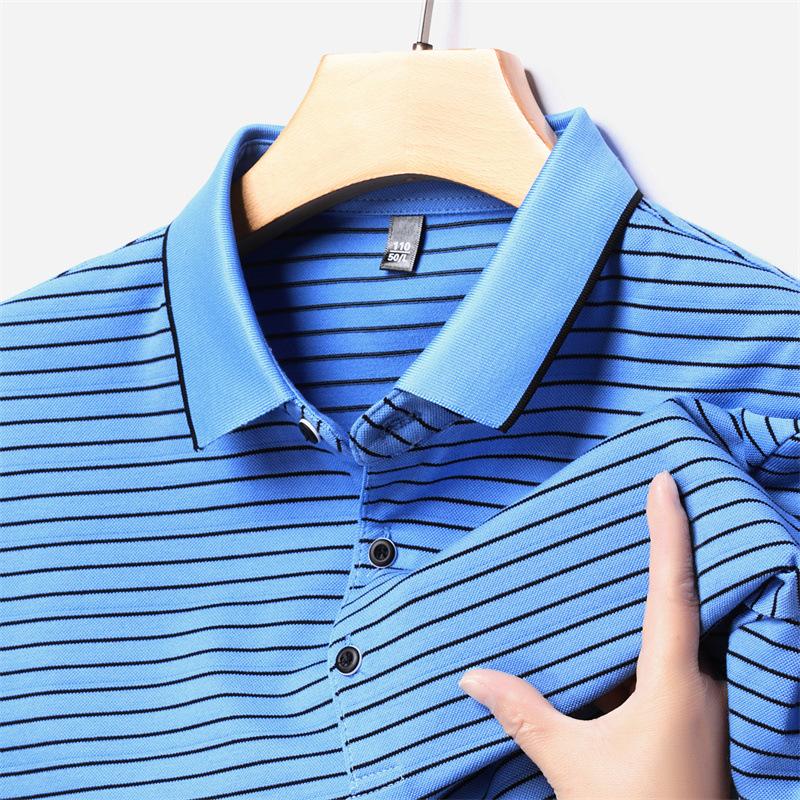 Men'S Striped Polo Shirt Short Sleeve T-Shirt Business Casual Medium Blue Lapel Half Sleeve Top