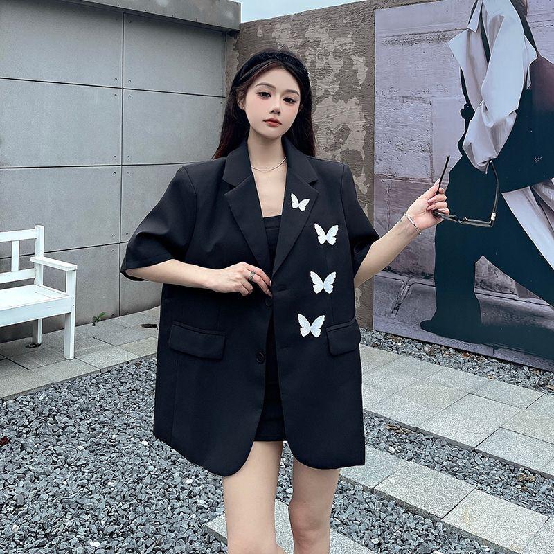 Blazer Nero a Maniche Corte Ricamato con Farfalle High Sense per Donna Estate Design di Nicchia Capo Esterno Completo Top