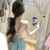 Mint green sexy halter strap suspender dress women's summer seaside vacation waist temperament long skirt