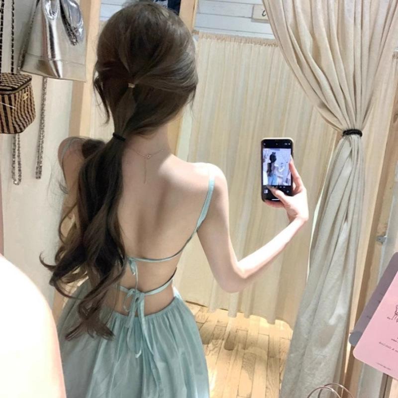 Mint green sexy halter strap suspender dress women's summer seaside vacation waist temperament long skirt