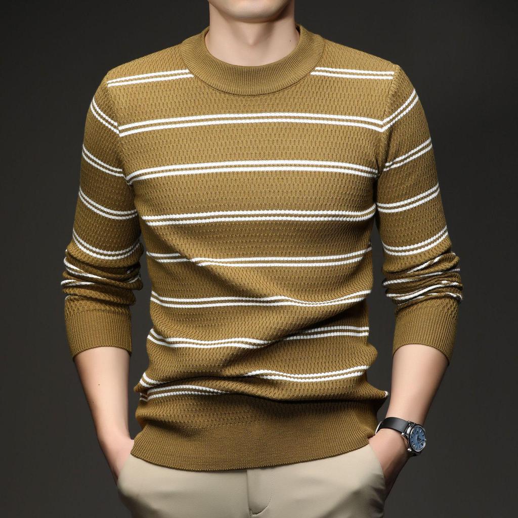Men's Striped Knitwear: 2025 Autumn/Winter Collection - Stretchy, Thick, Versatile, Casual Round Neck Base Layer