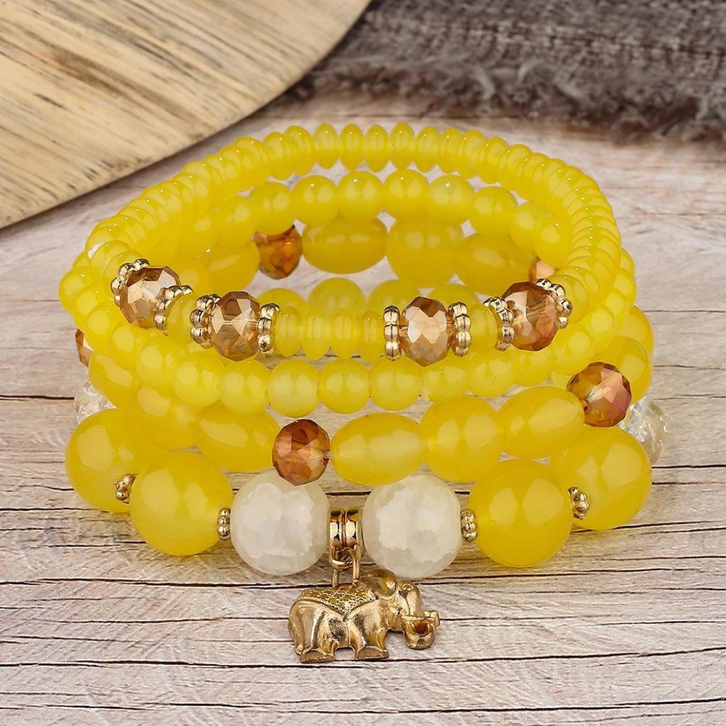 Bohemian Ethnic Style Layered Beaded Bracelet Set with Elephant Pendant and Stackable Crystal Accents