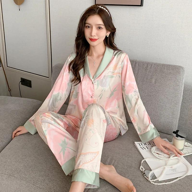 Conjunto de pijama de dos piezas para mujer, cárdigan para el hogar, estampado floral, manga larga, ropa interior elegante, ropa de dormir sexy para mujer
