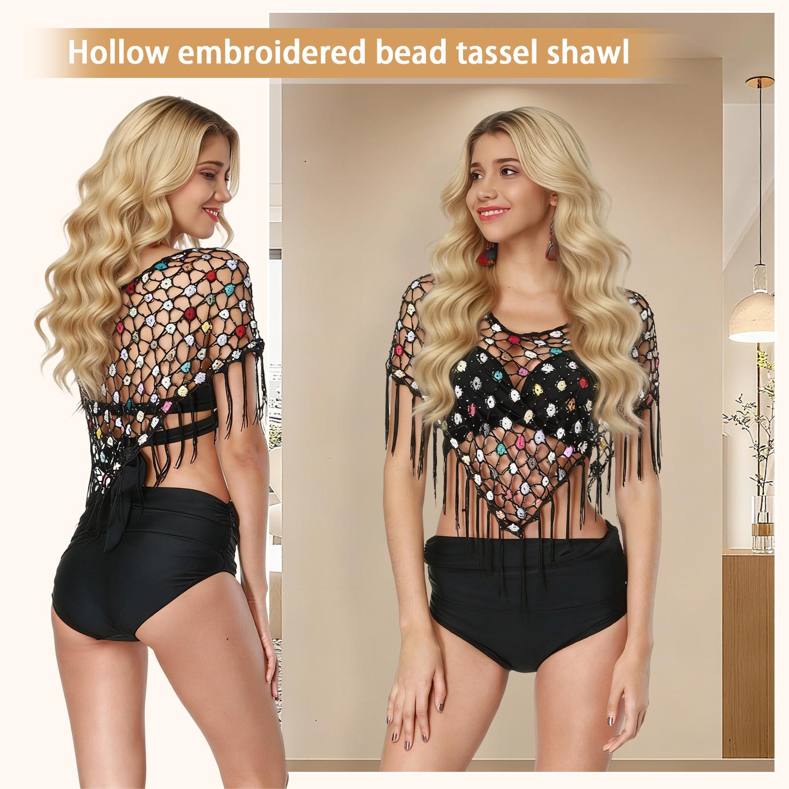 

Ажурная вышитая бисером бахрома Шаль Накидка Прозрачная Солнце Пляж Бикини Покрытие One Size