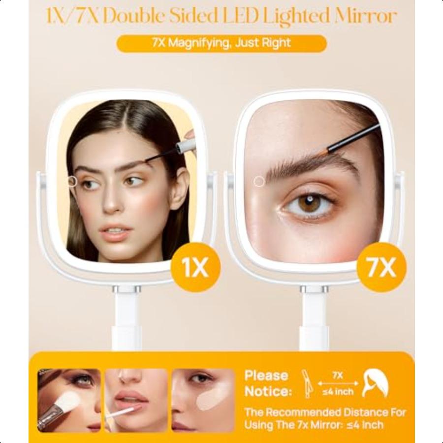 Rec Lighted Makeup Mirror with Lights and 1X 7X Magnifying Mirror Height Adjustable and 4000mAh Rechargeable for Bedroom 8.5x7.