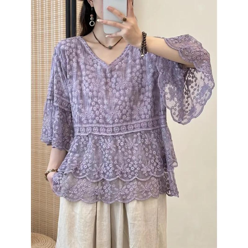 Damen Sommer Spitze Stickerei Bluse Boho Stil V-Ausschnitt Rüschen 3/4 Ärmel Top