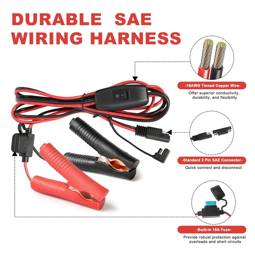 SAE Battery Alligator Clips Wire Harness With On/Off Switch 7.9Ft/2.4M 16AWG, 12V Alligator Clips With Wires For Sprayer Parts, Sprayer Pump, Battery