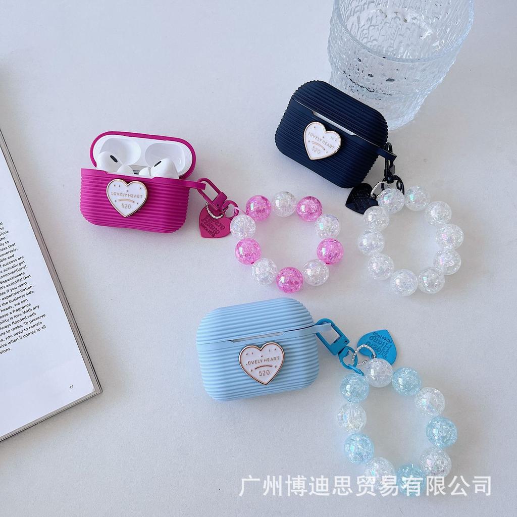 New Apple Silicone Horizontal Stripe Earphone Case Small Fresh Hand Beads + Silicone AirPods Pro1 Love + Hand Beads