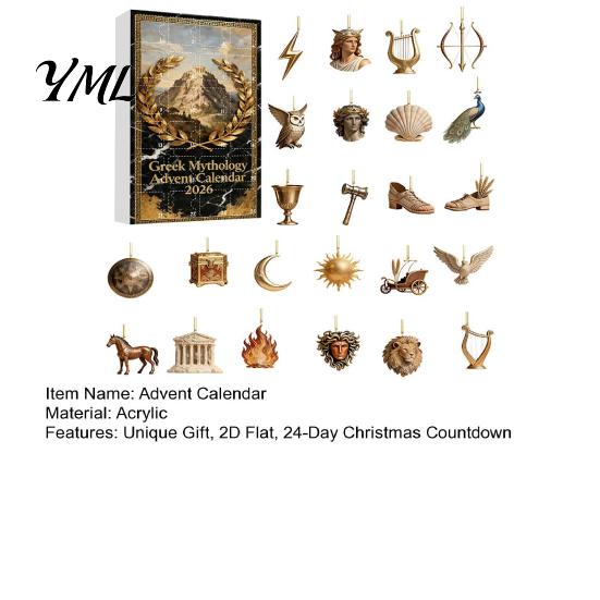 Reusable Christmas Tree Decor Greek Myth Advent Calendar, 24Pcs Acrylic 2D Ornament Set with Vintage Holiday Gift for History Buffs Gold Tone, Hanging