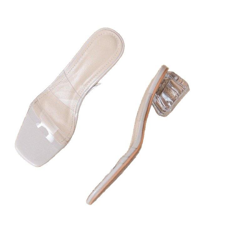 Transparent medium heel crystal shoes high heel sandals new summer fashion thick heel outer wear cool slippers