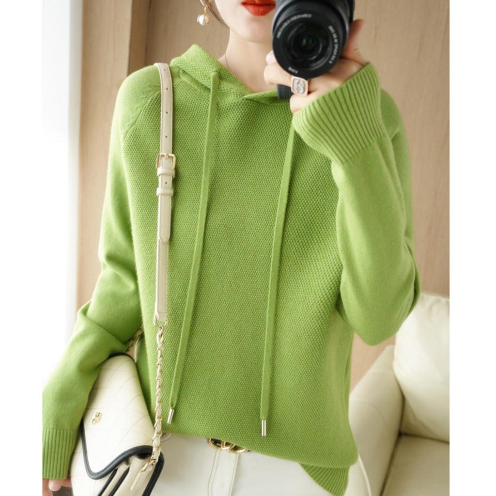 Women's Hooded Long Sleeve Loose Fit Knit Sweatshirt Solid Color Casual Pullover Winter Top