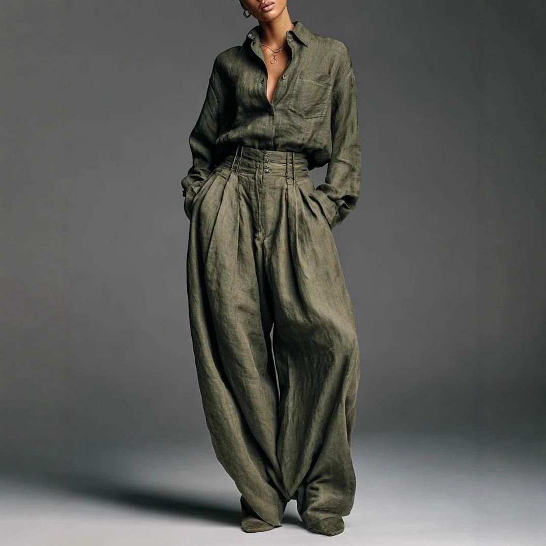 

Жіночий оливково-зелений комплект з 2 предметів з довгим рукавом та широкими штанинами M армія зелений колір