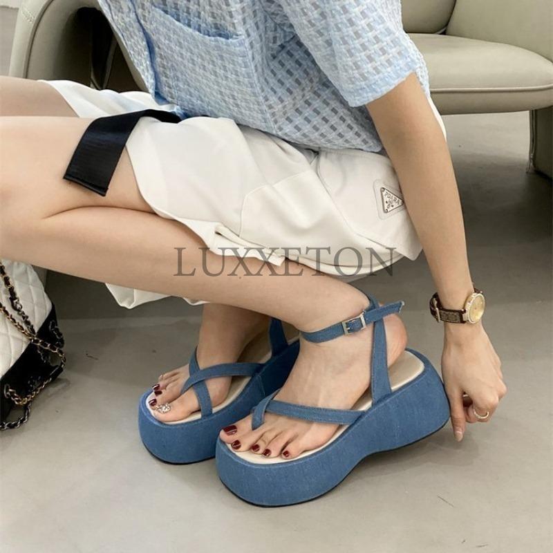 Clogs High Heeled Sandals Women Transparent Shoes Beige Thickened New Blue Summer Low Top Comfortable Buckle PU Sweet Fabric