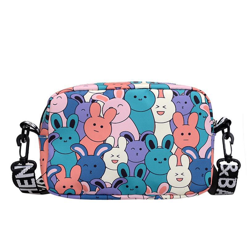 Fashion Cartoon Bunny Print Crossbody Bag with Wide Printed Strap, Casual Nylon Shoulder Purse for Daily Teens Use Wallets