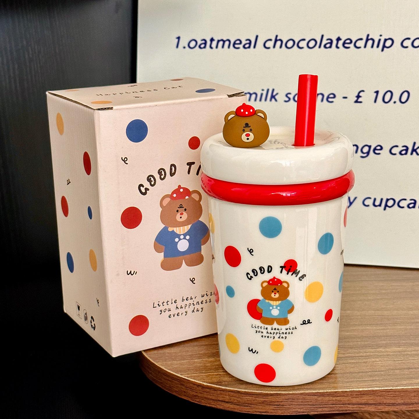 

Cartoon Straw Cup Large Capacity Ceramic Drinking Cup with Lid Cute Animal Breakfast Milk Cup Souvenir 800ml