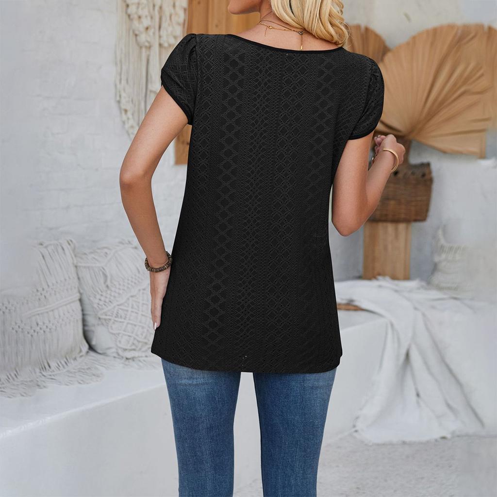 Bluză de damă la modă, cu guler rotund, mâneci cu petale, culoare uni și mânecă scurtă