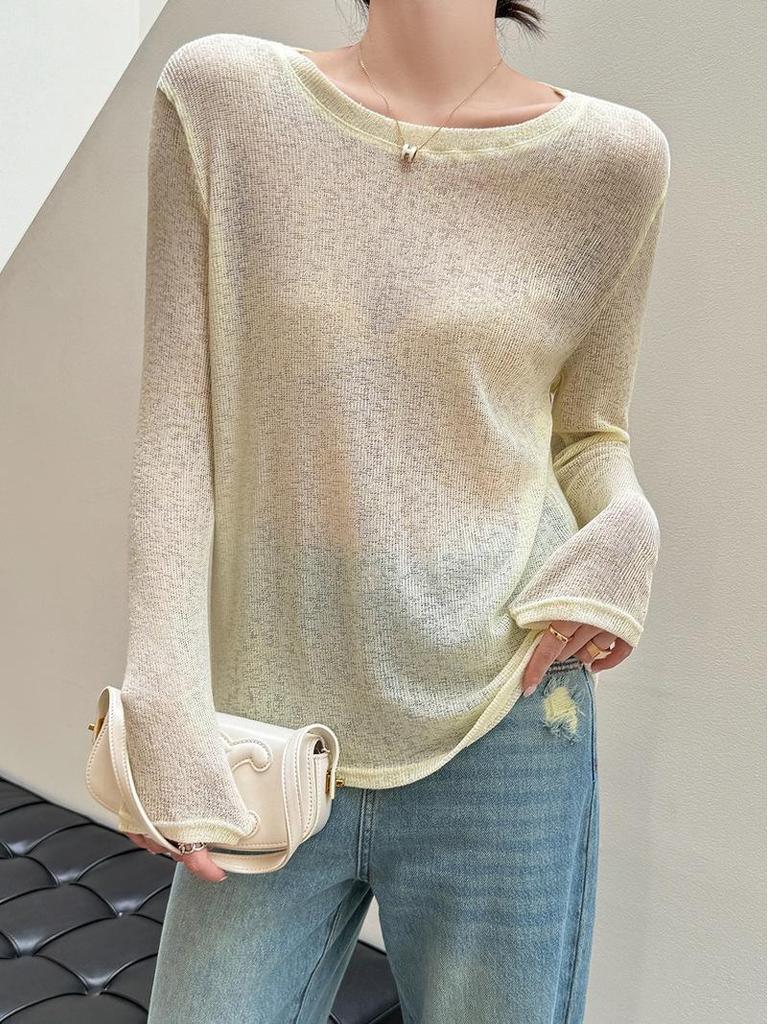 Damen Sommer Locker Gestrickter Sonnenschutz Leinen Überwurf Langarm T-Shirt