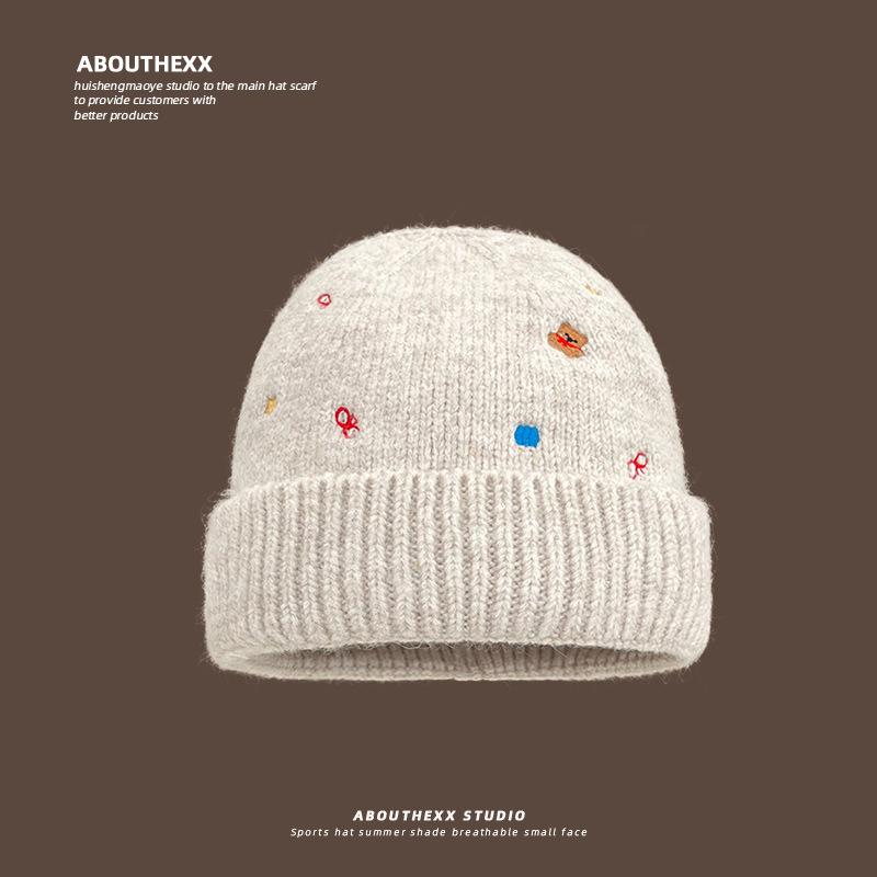 Embroidered Wool Hat for Women In Autumn and Winter Korean Version of Warm Knitted Hat Showing Face Small Ear Protection Bag Head Cold Hat for Men