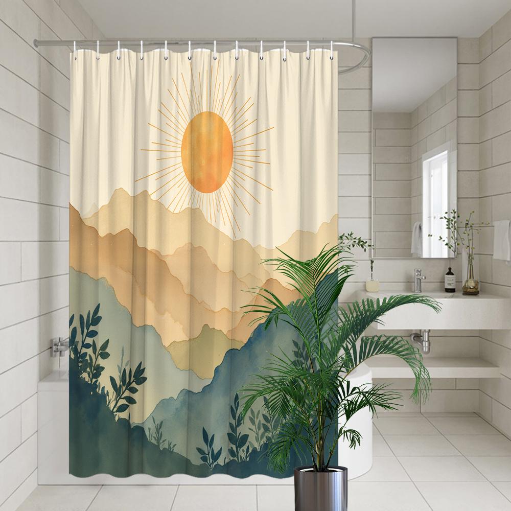 Minimalist Sun & Mountain Shower Curtain - Serene Vintage Design with Geometric Sunrise, Polyester