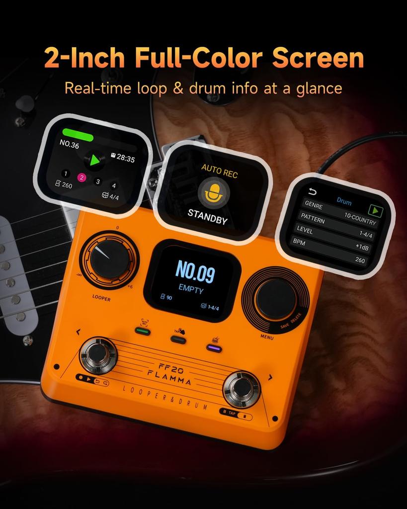 FLAMMA FF20 Looper Pedal Drum Machine with 300 Minutes of Recording 220 Drum 100 Loop Time Auto USB Headphone Output for Guitar and Bass Screen, Time,