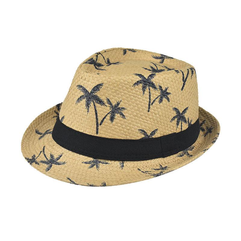 Summer braided sunshade top hat Men's coconut tree printed beach sunscreen hat Small brim paper jazz hat Sunscreen sun hat