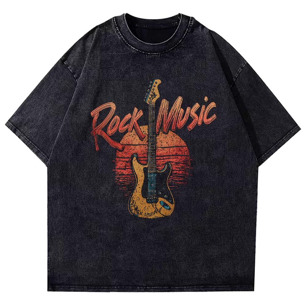 

Vintage Washed Rock Style T Shirt Retro Guitar Sunset Graphic Tee Streetwear Grunge Top for MenWomen Summer Casual Shirt S