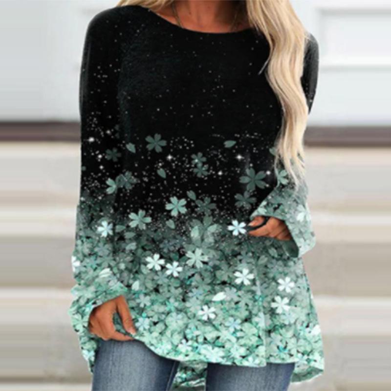 Round Neck 3D Flowers Butterflies Dragonflies Printed Top Fashionable Casual Long Sleeved Women's T-shirts