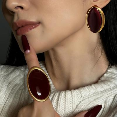 Vintage Exaggerated Red Gemstone Resin Ring, Stylish Metal Geometric Oval Wide Face Ring