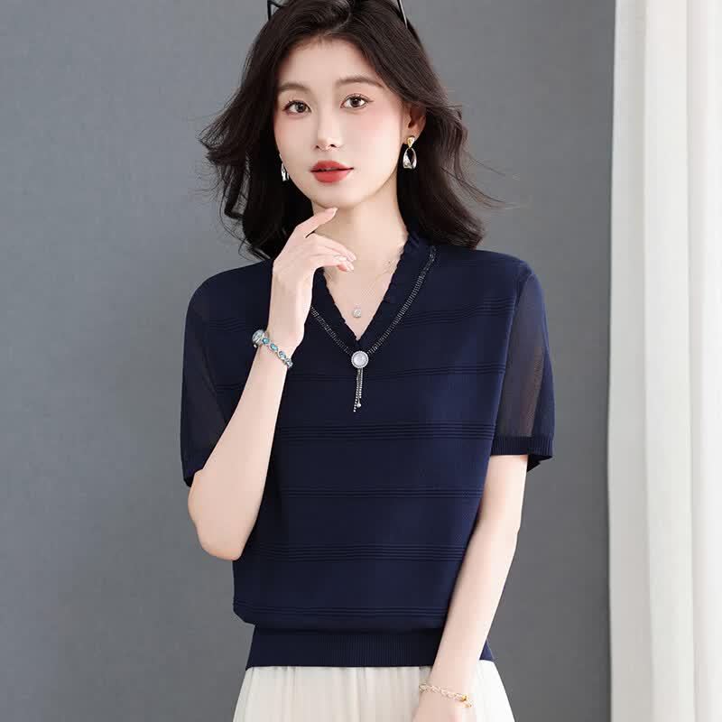 Women's Summer V-Neck Mesh Sleeve Knit Top