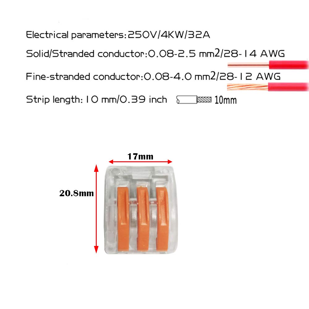 CTRICALVER Compact Splice Connectors for Stranded and Solid Wire Type 15-Piece Connectors, One-Touch Connection, 3-Hole