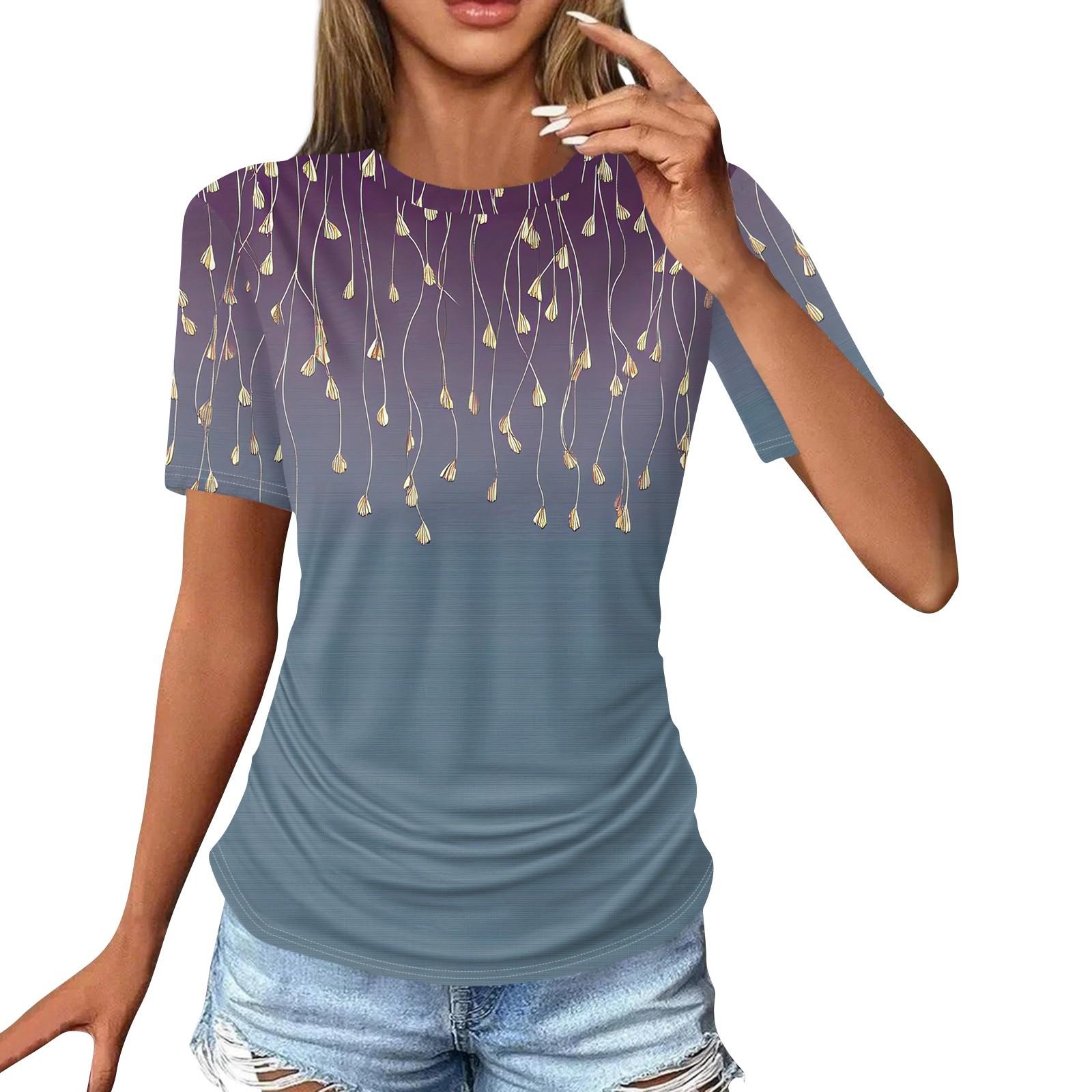 

Женские футболки, модные повседневные топы с круглым вырезом и коротким рукавом, туника с принтом M фиолетовый