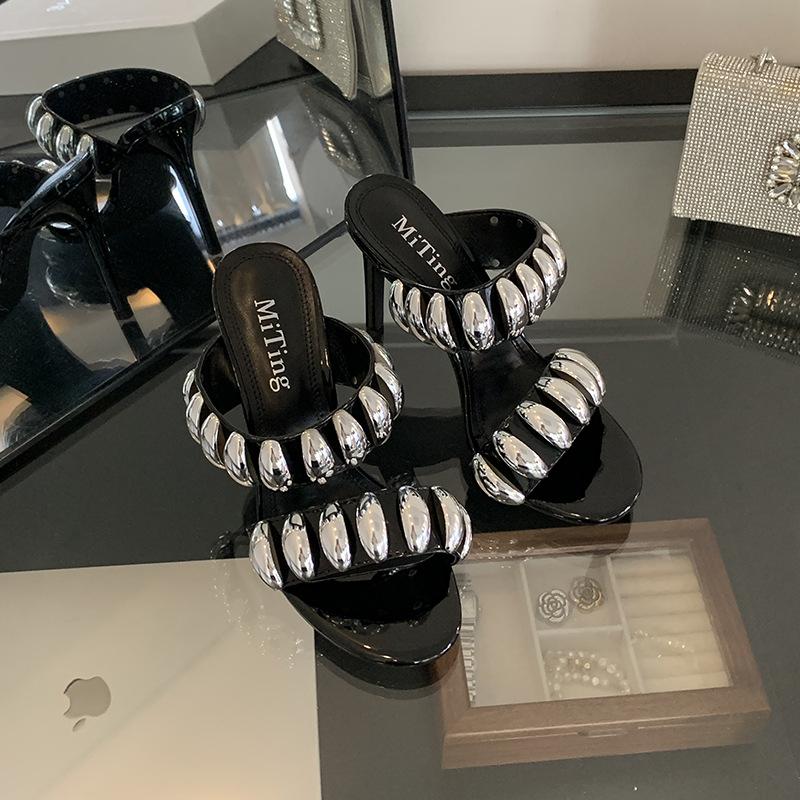 Роскошные металлические декоративные мюли тапочки женские летние сексуальные туфли — фото 8