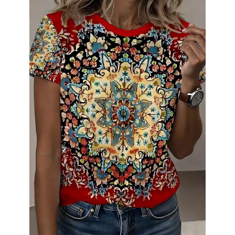 Moda Donna Girocollo Manica Corta Stampa Floreale 3D T-shirt a Manica Corta Girocollo con Fiori Colorati