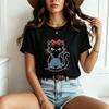 Black Cat Red Bow Blue Denim Overalls Print Tshirt Vintage Cute Kitten Graphic Summer Casual Short Sleeve Tee Harajuku Y2k Top