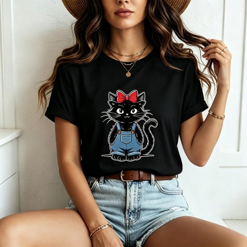 Black Cat Red Bow Blue Denim Overalls Print Tshirt Vintage Cute Kitten Graphic Summer Casual Short Sleeve Tee Harajuku Y2k Top