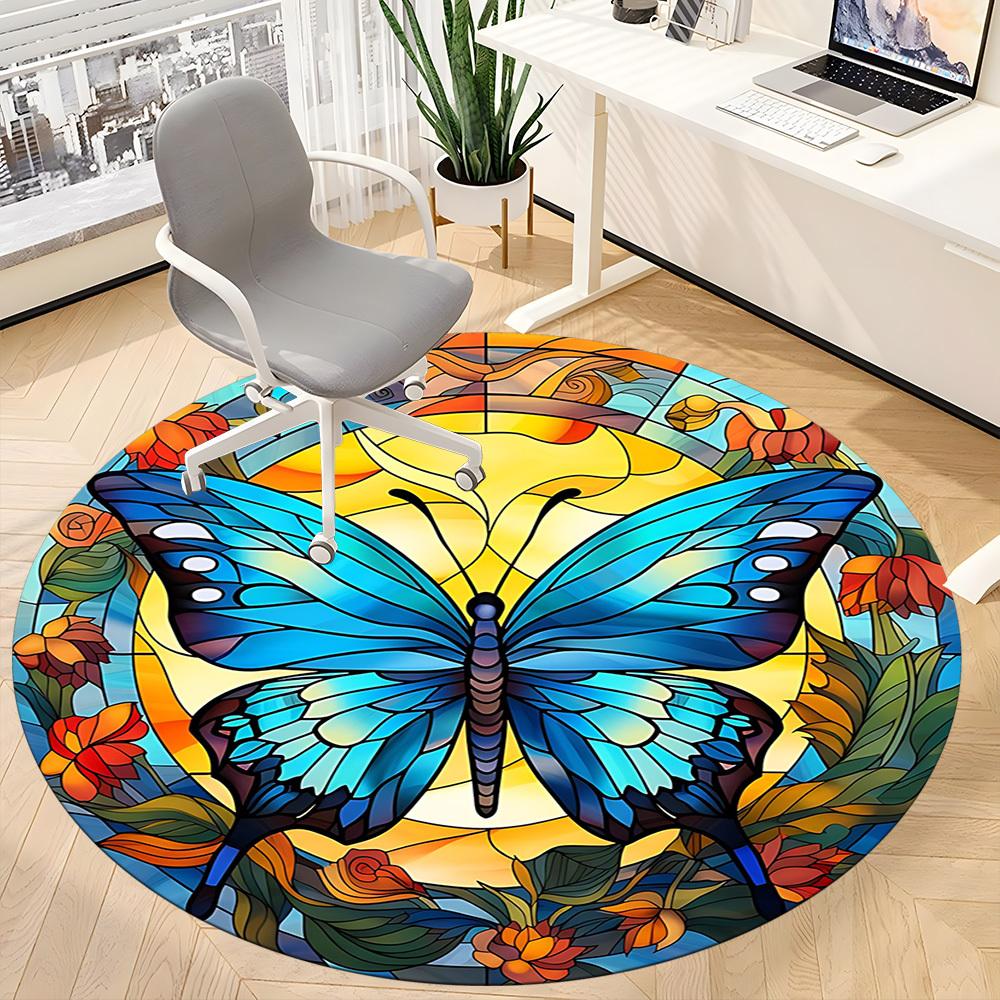 1pc Butterfly StainedGlass Office Round Area Rug, Under Office Chairs Bedroom Living Room Home Decor, Room Deco