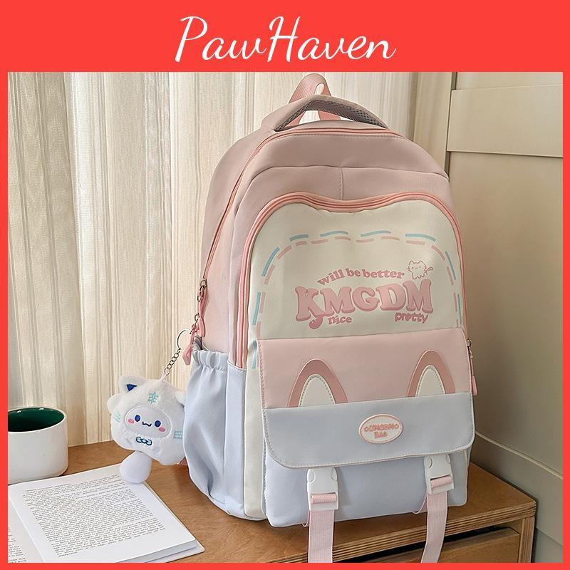 Cute Ears Cat Design Letter Line Pattern Student Backpack With Pendant Plush