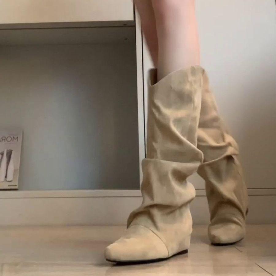 G5U Lammfell Spitzzehen Geraffte Overknee Westernstiefel für Damen