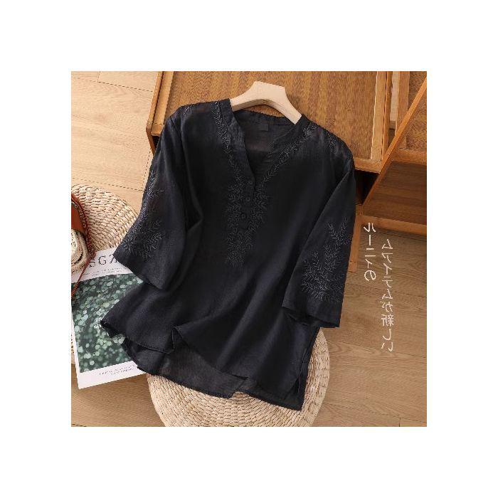 

Летняя женская блузка с V-образным вырезом из хлопка и льна с вышивкой, свободного кроя, с коротким рукавом, большого размера 3XL чёрный