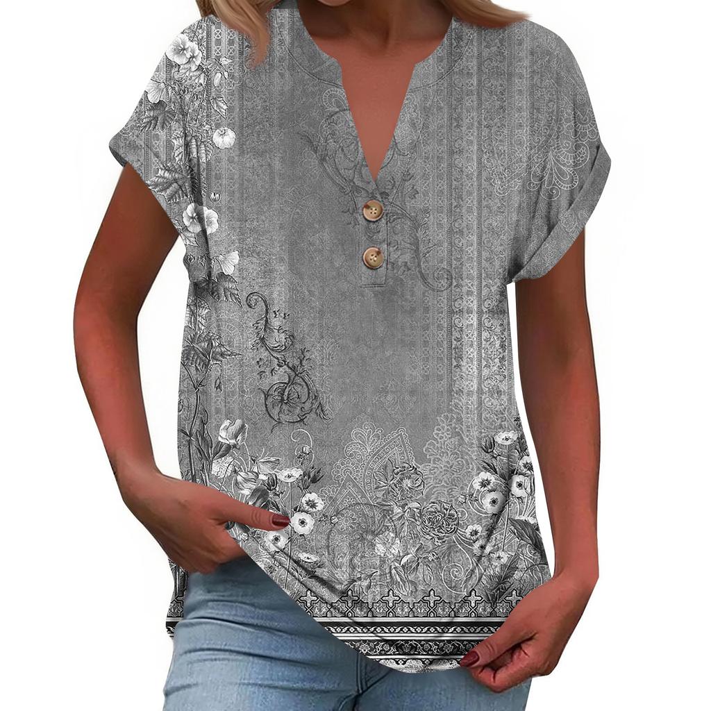Women's Fashionable Casual Loose-Fit Short-Sleeved Button-Up V-Neck Printed T-Shirt Top