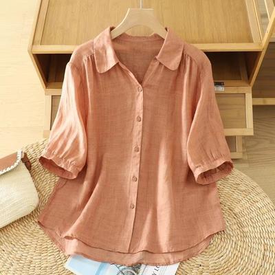 Women S Loose Short Sleeve V Neck Linen Cotton Blend Shirt Summer