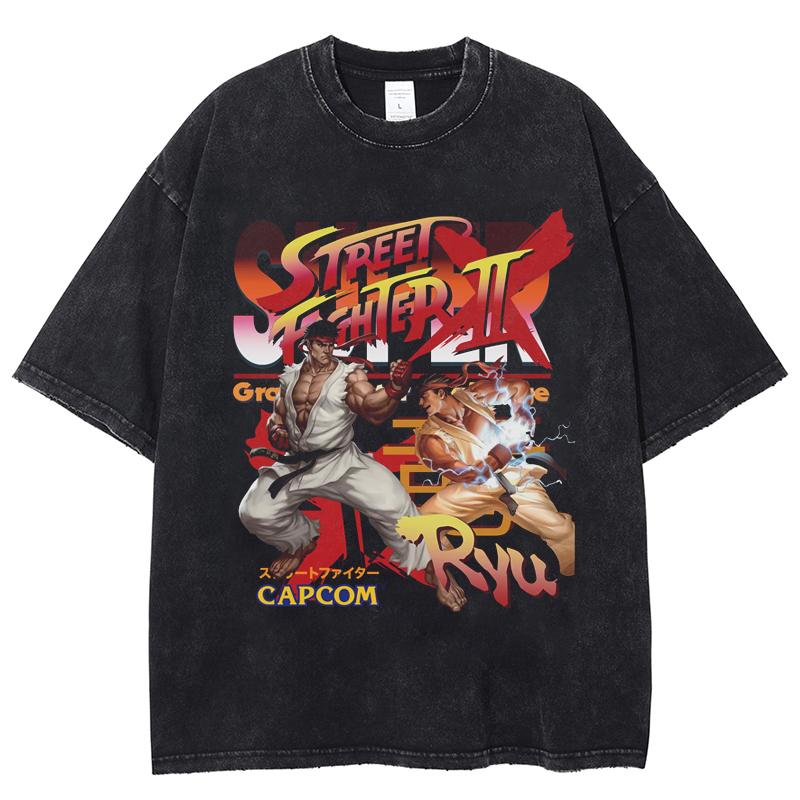

Street Fighter II Ryu мытая футболка мужская 100% хлопок с коротким рукавом оверсайз футболка Harajuku уличная одежда топы унисекс