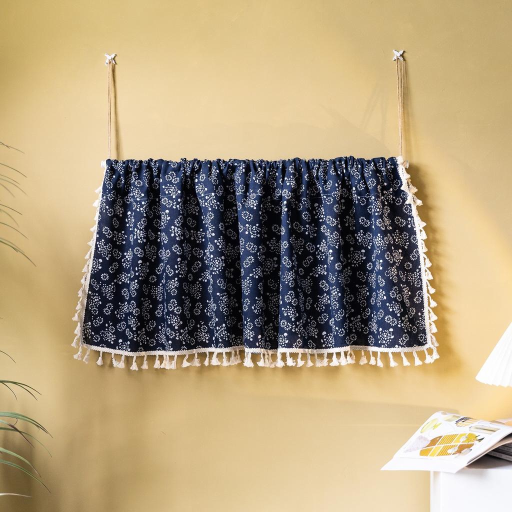 Japanese Dark Blue Retro Homestay Decorative Door Curtain Cotton And Linen Fabric Short Curtain Small Curtain Fringed Bookcase Blocking Partition