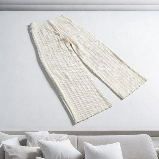 

2026 Women s Soft Ribbed Knit Wide-Leg High Waist Pants - Spring/Autumn, Loose Fit, Slimming Straight Cut, Casual Long Pants M