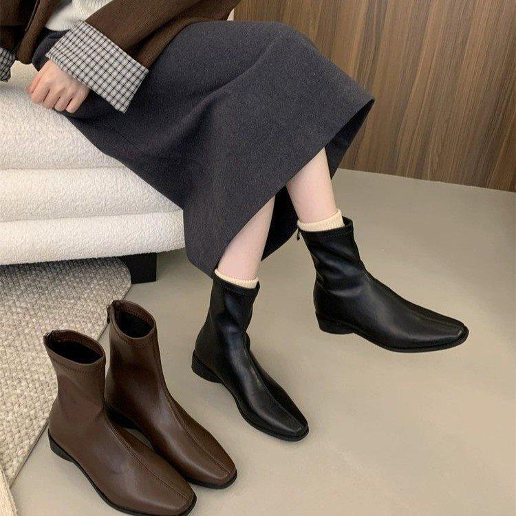 Coarse heel versatile square head rear zipper small ankle boots autumn and winter thin boots women's single boots short boots new retro