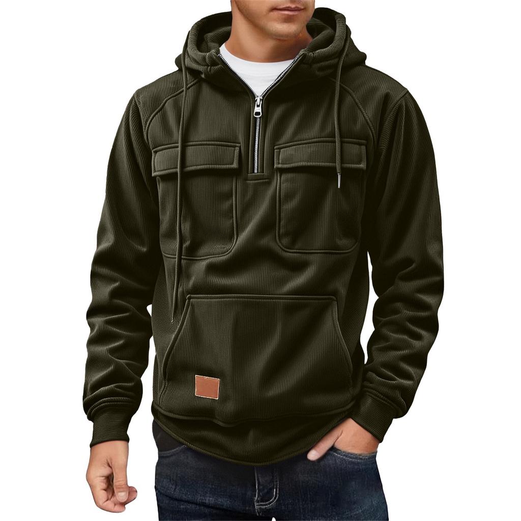 Men's Solid Color Fleece Half Zip Pocket Sweatshirt Hoodie Men's Sports Large Size Casual Sweatshirt