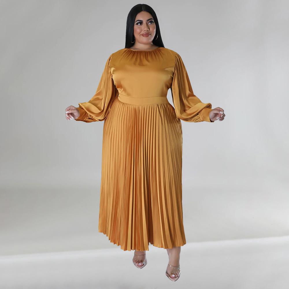 Spring and Autumn Women's Dress Plus Size Pressure Pleat Round Neck Long Sleeve Long Dresses
